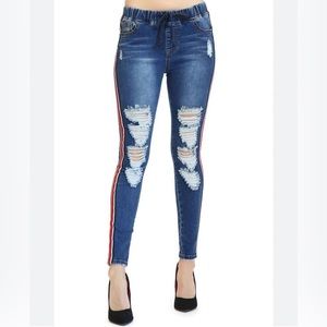 Casual Ripped Denim Joggers with Side Stripes